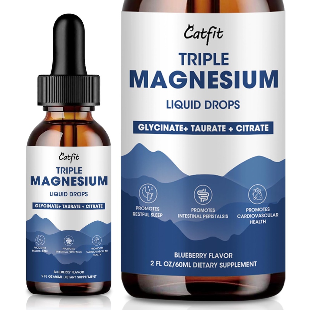 Magnija glicināts Šķidrie pilieni ar Taurātu un citrātu, magnija papildinājums miegam, kalms un relaksācija, ar kāliju un omega-3, augstas absorbcijas formula, melleņu liesma, 2 Fl Oz