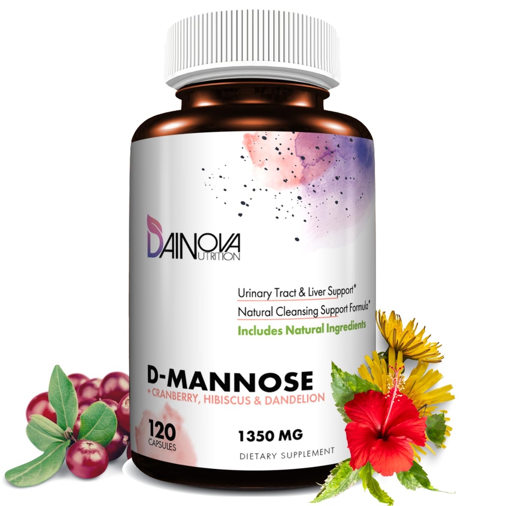 Dainova D Mannoze 1350mg ar Dzērveņu I D-mannozes kapsulām UTI profilaksei, urīna traktējuma atbalstam, urīna traktējuma veselībai sievietēm, un tīrīšanai. W/Hibiscus & Dandelion, 120 Veggie kapsulas