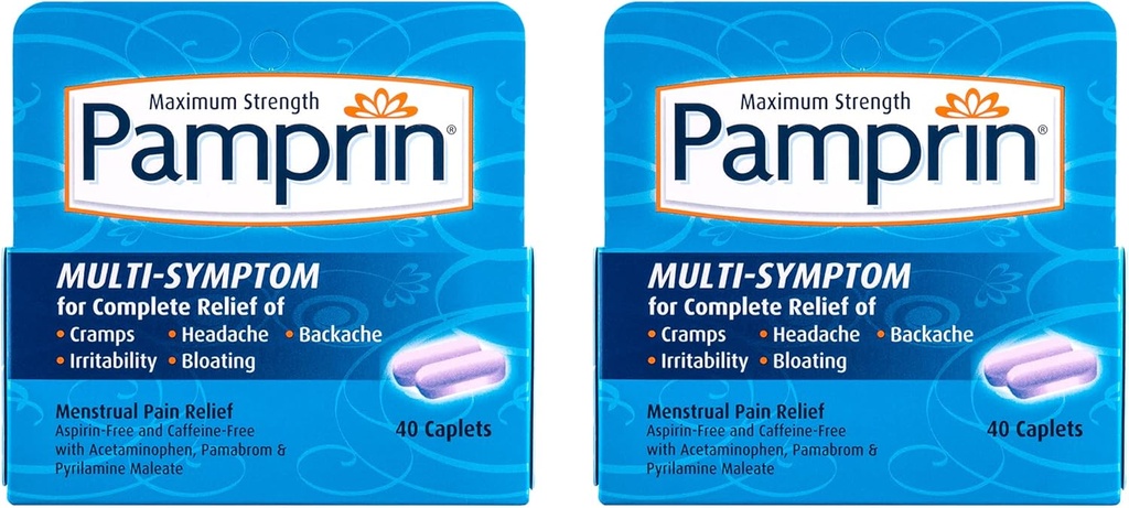 Pamprin Multi-Symptom Formula, ar acetaminofēns, menstruālā perioda simptomi atvieglošana, ieskaitot Krampji, sāpes, uzbudināmība un uzpūšanās, 40 Caplets (2. iepakojums)