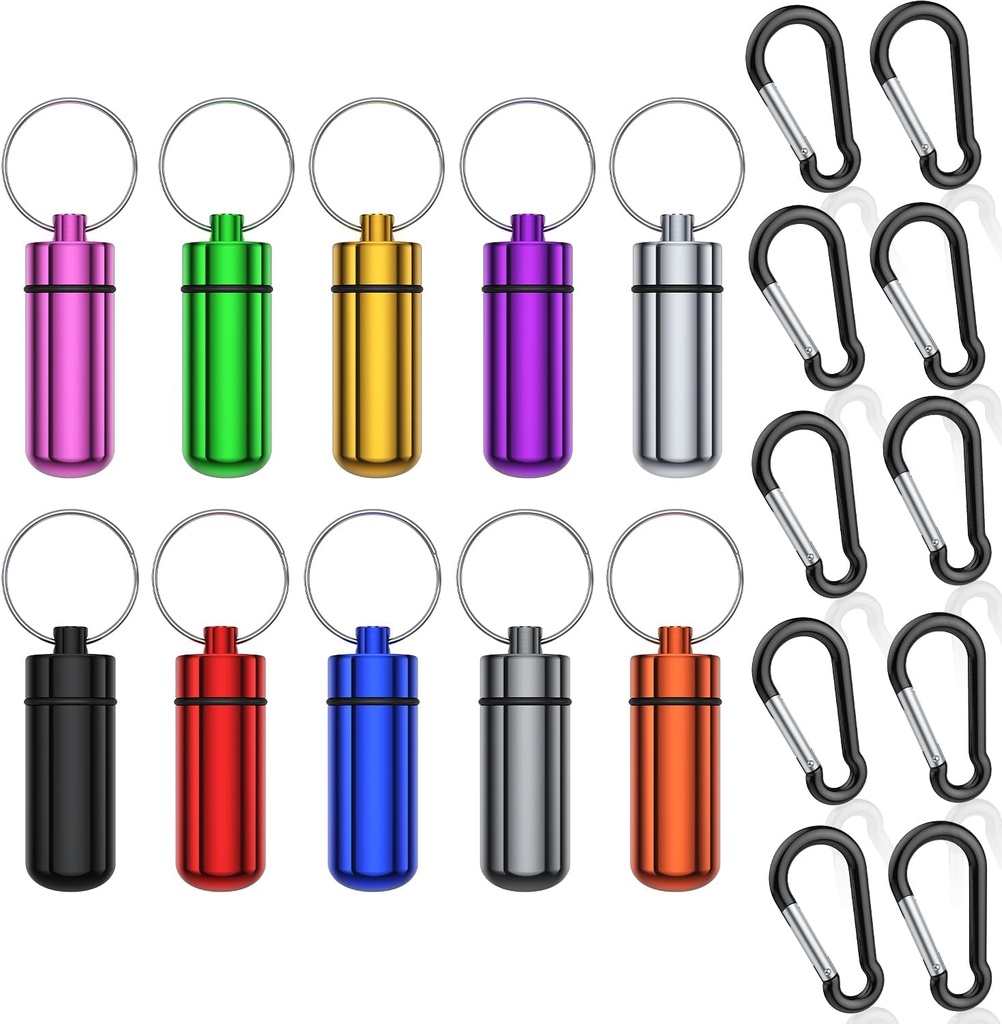 Mazs pārnēsājams Pill iepakojums ar Keychain, (10 Pack + 10 Carabiner Clips) Ūdensdrošs Aluminum Pill Organizators Metal Mini Box Kabatas zāļu uzglabāšanas konteiners āra kempingiem