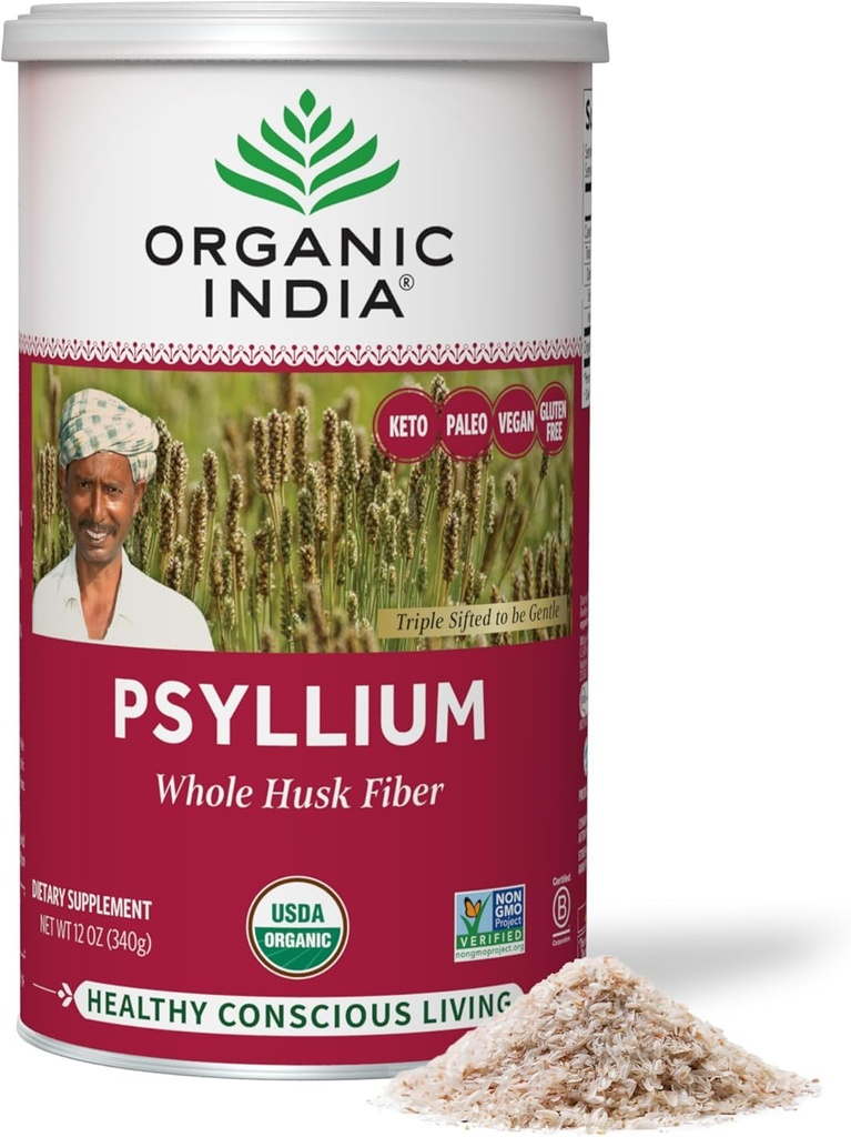 ORGANIC INDIA Viss Psyllium Husk pulveris Organisks - Psyllium Husk Fiber papildinājums, Gremošanas atbalsts, Vegan, bez lipekļa, ne-GMO, šķīstošs un nešķīstošs Fiber Avots - 12 oz (1. iepakojuma)