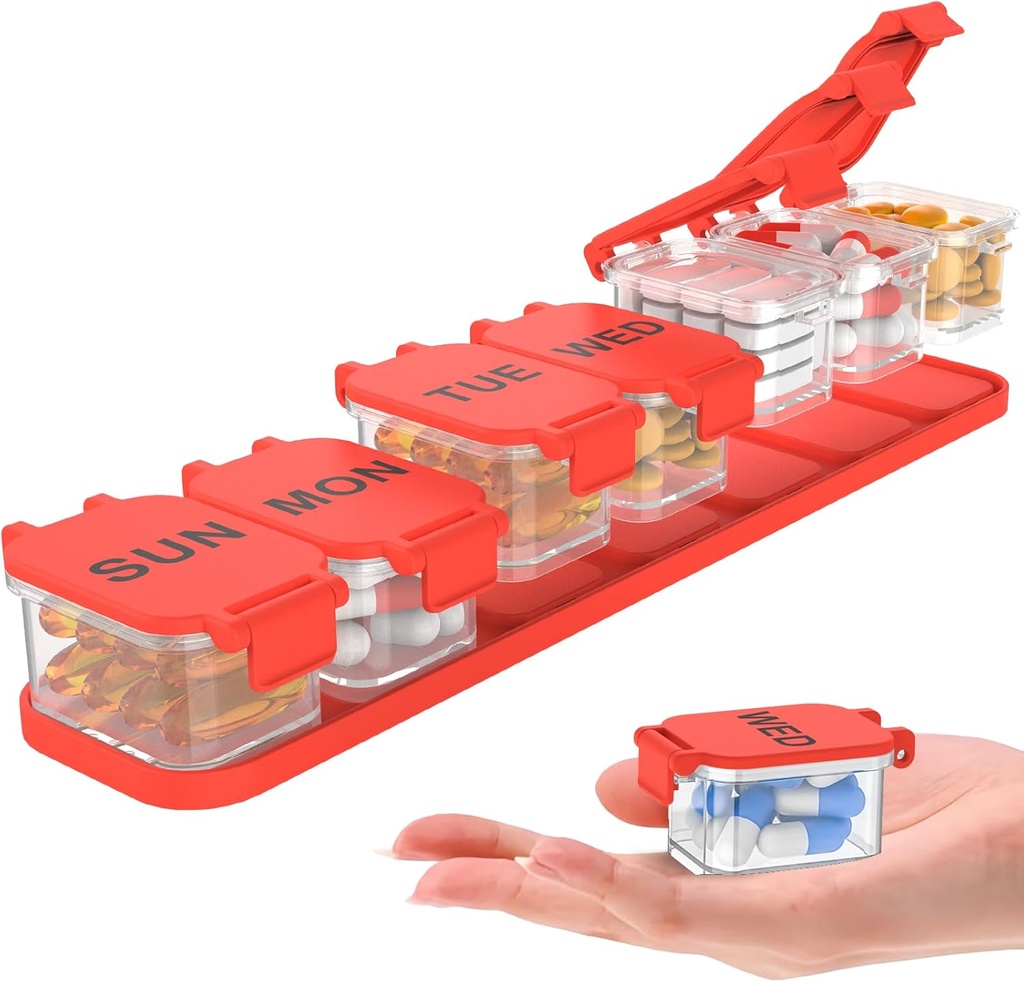 Extra Large Weekly Pill organizators - ūdensdroša 7 dienu Pill kaste, pārnēsājams vitamīnu un uztura bagātinātāju iepakojums, viegli atverams dizains, ideāli piemērots ceļošanai ar dienas zālēm (sarkans)