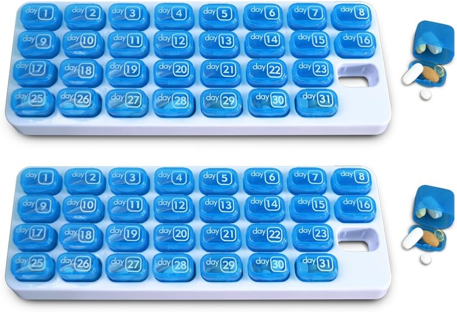 31 Day Monthly Pill Organizators ar Pop Out Pocket Pill Pods un uzglabāšanas Tray vitamīniem, papildinājumiem, mājas, darba vai ceļojumu - 2 Pack Blue