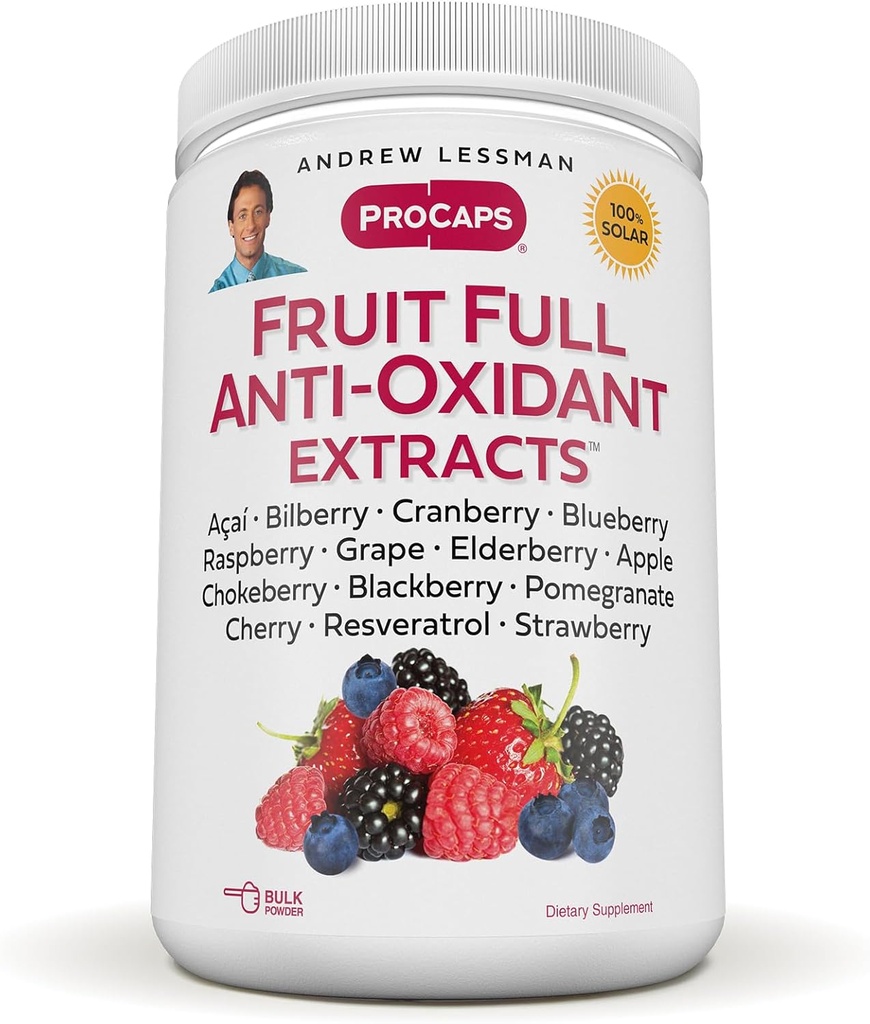 ANDREW LESSMAN Fruit Full Anti-Axidant ekstrakti Pulveris 600 Kalpojumi - 14 Dabīgi augļu un ogu ekstrakti. Mellenes, dzērvenes, vīnogu sēklas, granātāboli, Resveratrol un More.