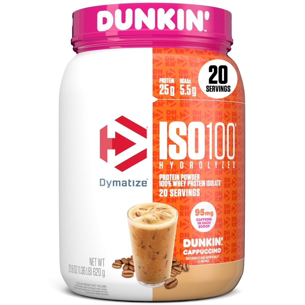 Dymatize x Dunkin' Cappuccino ISO100 sūkalu proteīna pulveris, 95mg kofeīns, 25g proteīna5.5g BCAAs, 120 Cal., bez lipekļa, 1g tauku, 1g cukura, 2g ogļhidrāta (20 Kalpo)