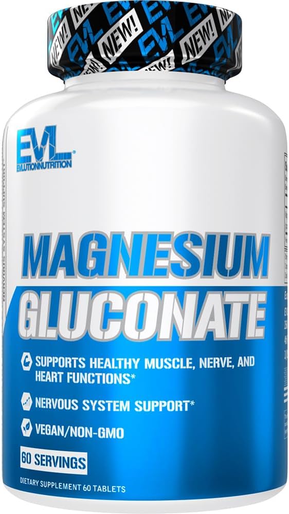 Evlution Nutrition Magnija glikonāts - Muskuļi + Nervu + sirds veselības papildinājums - Nervu sistēmas atbalsts - Vegan & Non-GMO - 60 Servējumi