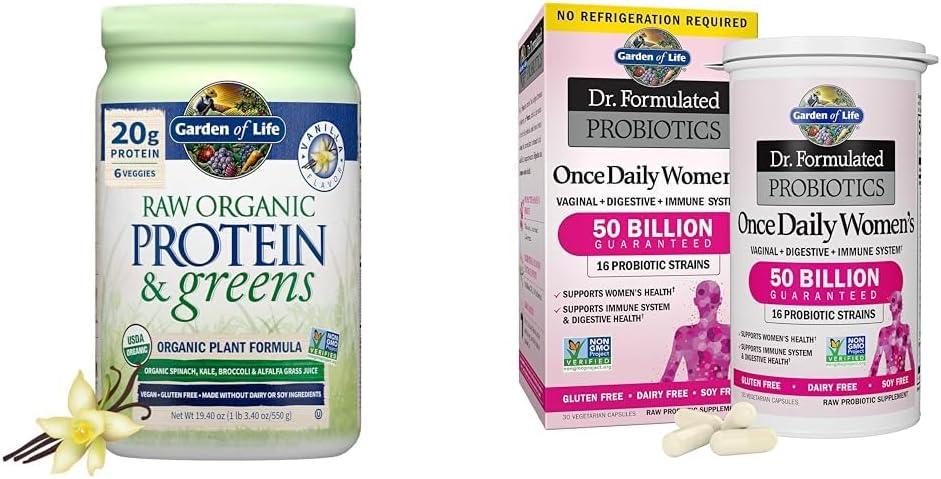 Garden of Life Raw Organic Protein & Greens Vanilla - Vegan Protein Pulveris sievietēm & Dr Formulēts Sieviešu Probiotikas Vienreiz dienā, 16 Celmi, 50 miljardi, 30 Skaits