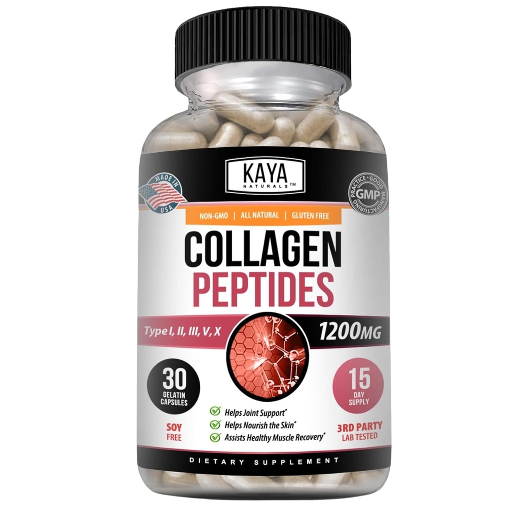 Kaya Naturals Multi kolagēna peptīdi komplekss Pulveris sievietēm un vīriešiem, Vital matu, ādas, nagu un anti-novecošanās, tipi I, II, III, V & X kolagēna proteīns Blend - 30 Count papildinājums