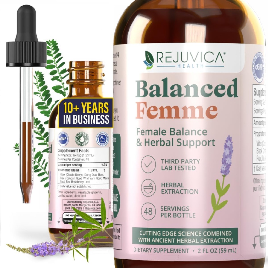 Rejuvica Veselības Līdzsvarots Femme - Advanced Sieviešu Balance Atbalsts Papildinājums - Šķidrums Piegāde Labākai Absorbcijai - Vitex, Dong Quai, Black Cohosh, Maca Wild Yam & More!