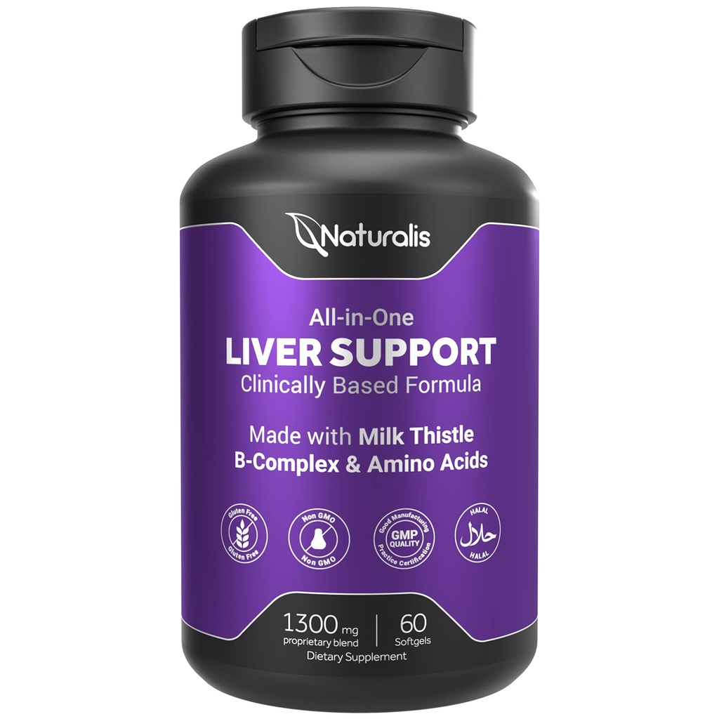 Naturalis Silymarin Milk Datele 1300mg Uzlabots ar B Complex & Aminoskābes - 13-in-1 Aknu tīrīšana, Detox & remonts - 60 Aknas Essential Softgels