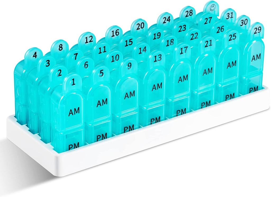 Daviky Monthly Pill organizētājs 2 reizes dienā, 30 Day Pill Box AM PM ar atsevišķu konteineru, vienu mēnesi Medicīna gadījums divreiz dienā, lai tur vitamīnus, piedevas un zāles (Cyan)