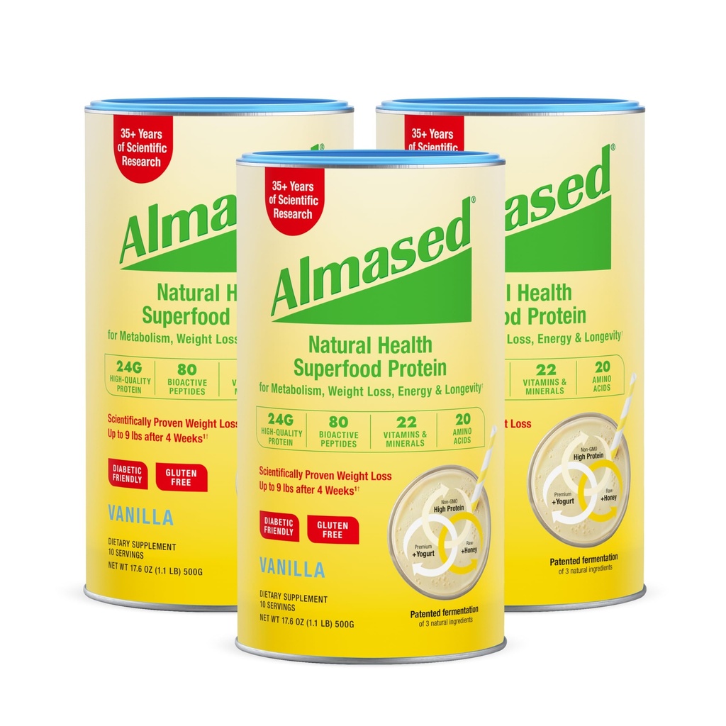 Almased Vanilla Meal Replacement Shake - Low-Glycemic High Plant Base Protein Pulveris - Uztura Svars Veselības Papildinājums - Vanilla Flavor - 17,6 oz (1,1 Pound (3 Pack))