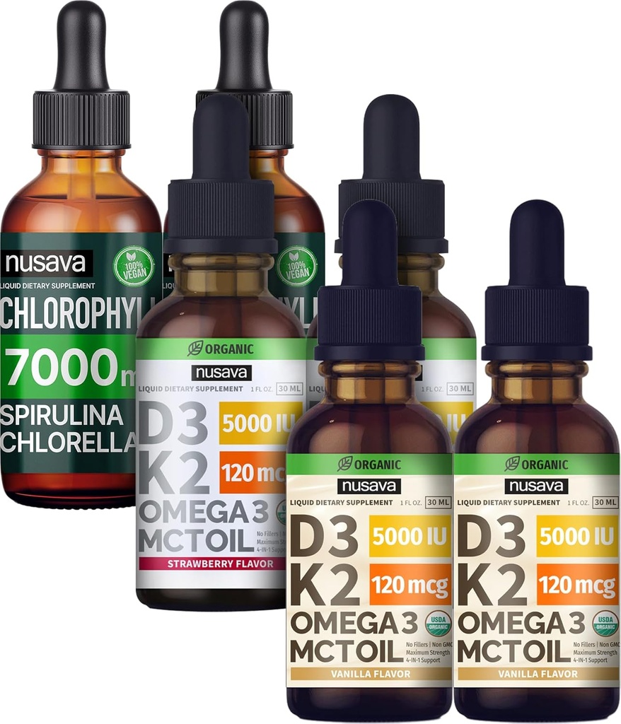 NUSAVA zemeņu aromatizēti D3 K2 pilieni, Vanilla aromatizēti D3 K2 pilieni, & hlorofila šķidrie pilieni Bundle - spēcīgi šķidrie vitamīni sirdij, locītavām, enerģijai, & imūnās sistēmas atbalsts - ne-GMO, bez lipekļa, 2pk