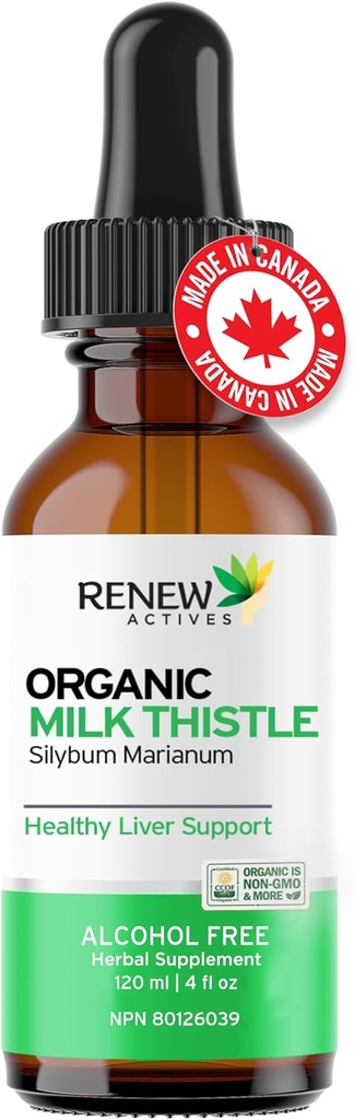 Renow Actives Milk Thattle Liquid Extract 110MG per 2ML – Aknu atbalsts pilieni optimālai veselībai – Nav alkohola, Non-GMO, Vegan – Atbalsta Aknu funkcijas un gremošanas veselība – Ražots Kanādā – 4 fl oz