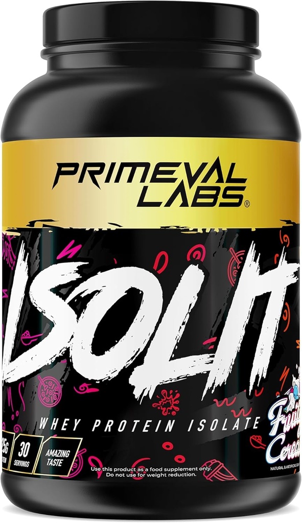 Primeval Labs ISOLIT - sūkalu olbaltumvielu pulveris, 100% sūkalu Izolāts, 25g olbaltumvielu, BCAAs, ātra absorbcija, viegli digestācija (Augļu labība, 2lb)