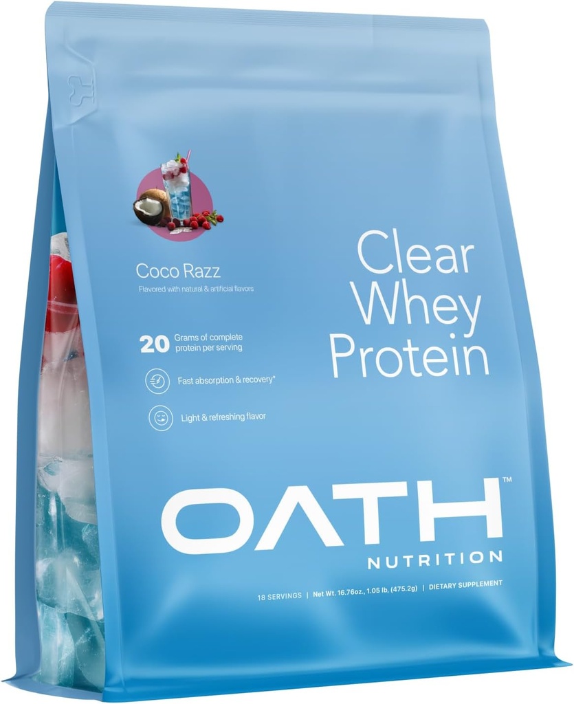 Oath uzturs Clear Whey Isolate Protein Powder, Coco Razz, 20g Complete Protein per Servēšanai, Nav pievienots cukurs, Grass-Fed, 18 Kalpo