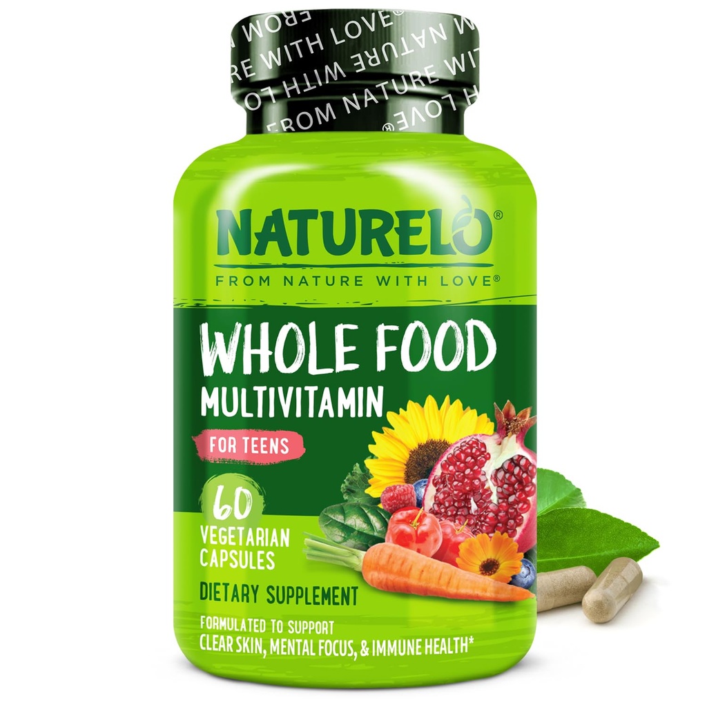 NATURELO multivitamīni pusaudža meitenēm/meitenēm, 60 kapsulas, vesels pārtikas multivitamīns ar minerālvielām, ne-ĢMO, veģetārietis