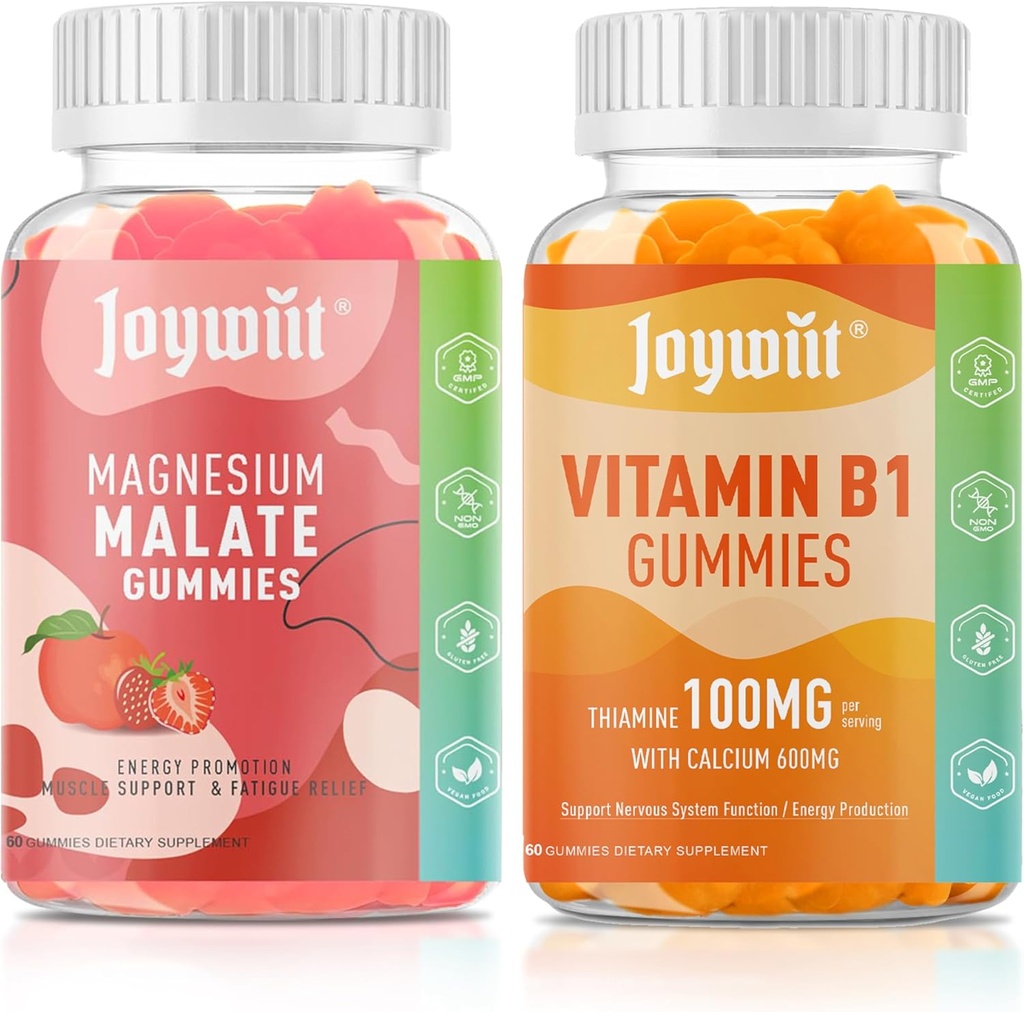 Magnija malāts + L-teanīns + CoQ10 + B6 (Zemenes) un tiamīns B1 + Kalcijs (oranžs) Gumijas, Stresa atvieglošana, enerģija, nervu un kaulu atbalsts, Vegan Non-GMO, 120 košļājamās vielas (2×60)