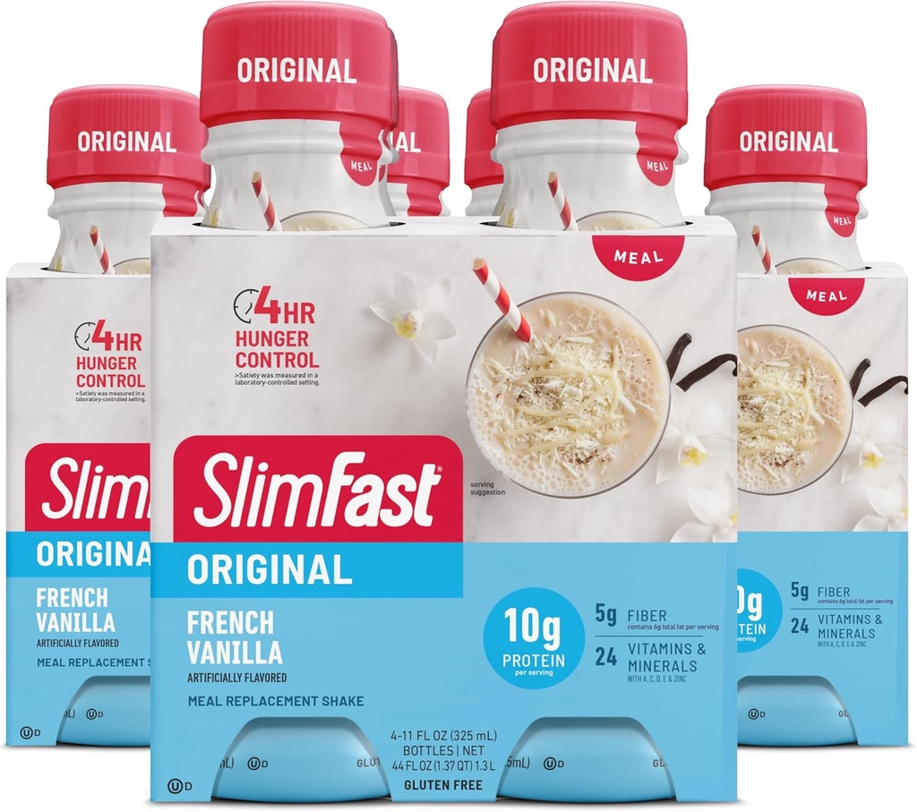 SlimFast Meal Replacement Shake, Original Francijas Vanilla, 10g Ready to Drink Protein, 11 Fl. Oz Pudele, 4 Skaits (3. iepakojums) (iepakojums May Vary)