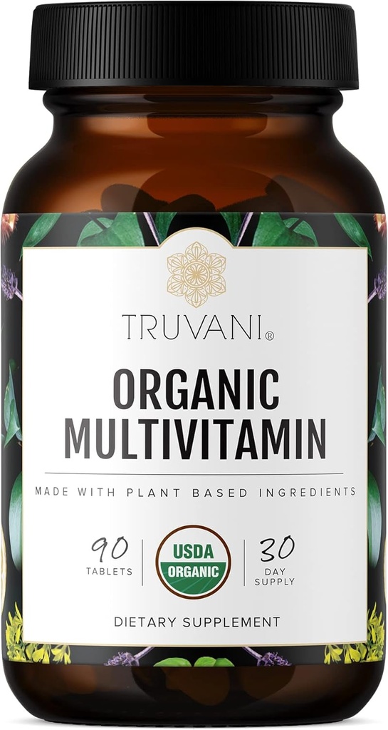 Truvani Daily Organic Multivitamīnu Papildinājums - Vegāns, neĢMO tabletes ar dzelzi un biotīnu - Piens, sojas, un glutēna bezmaksas 30 dienu iepakojums (90 tabletes)