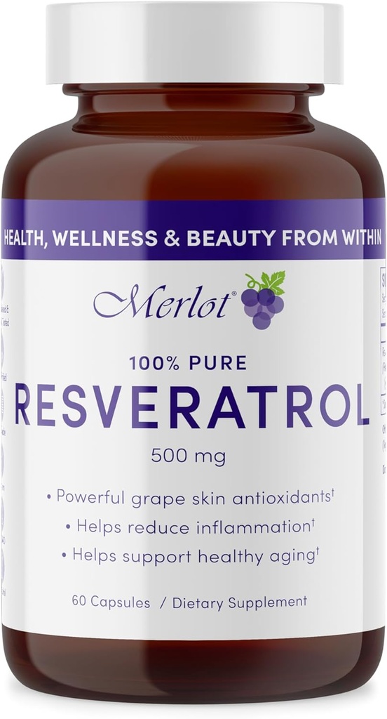 Merlot Resveratrol 500mg Kapsulas - 60 Skaits - Skaistums AntiAging Papildinājums Nav ĢMO Gluten Bezmaksas Ražots ASV