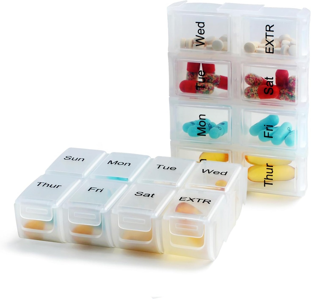 2 Iepakojumi Katru nedēļu Travel Pill Organizators Kaste Purse ar noņemamu 7 dienas kaste, Modes Pill Konteiners medicīnai, Vitamīns, Papildinājums