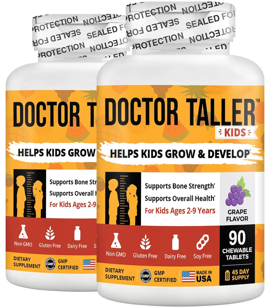 NuBest Doctor Taller Kids - Kids Multivitamīni, Toddler Vitamīni - Atbalsts Kaulu stiprums, Uzlabota Imunitāte ar kalciju, Multivitamīni laikmetiem 2 līdz 9 - Vīnogu Flavor - 90 Košļājamās tabletes 