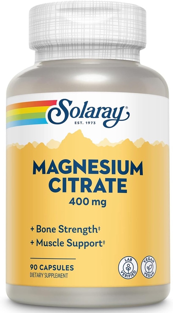 Solārijs Magnija citrāts - tīras magnija citrāta kapsulas, papildinājums kalm, kaulu veselība, šūnu enerģija, sirds un muskuļu atbalsts, 400 mg katrā apkalpošanā - 90 Vegan kapsulas (iepakojums no 2)