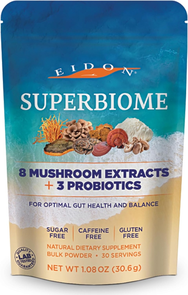 Eidon SuperBiome, Sēņu probiotikas pūderis Blend, Gut Balance, Microbiome Veselības Papildinājums ar Organic Reishi, Chaga, Lion's Mane, Cordyceps, Turcija Aste, Šitake, Maitake, Phelinus, 30 Kalpo