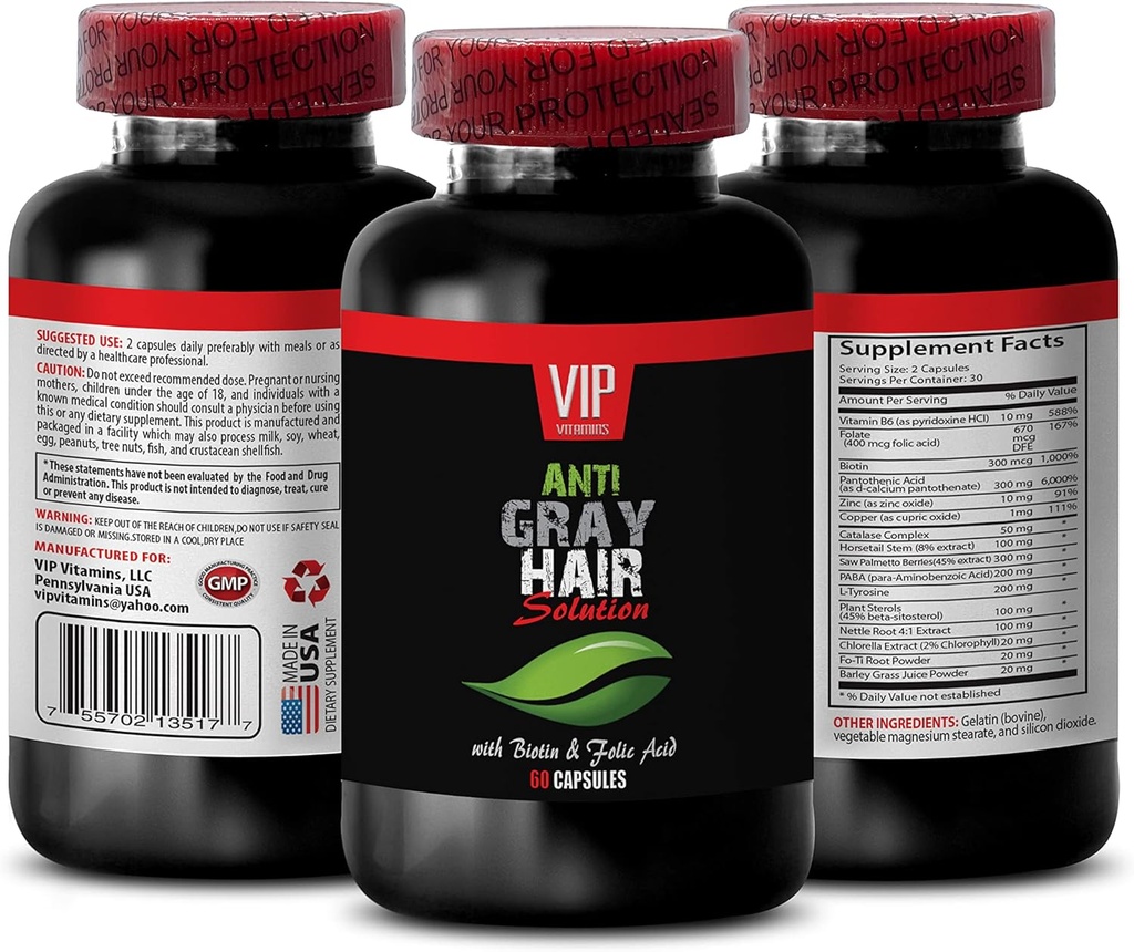 Labākā dabas Anti pelēks Hair - Anti pelēks Hair vīriešiem un sievietēm - GET Jūsu stils Atpakaļ - Aptur Grey Hair Change - katalāze pelēks Hair - Anti Gray Hair Papildinājums - Matu atbalsts Vitamīni 1Bot 60Caps