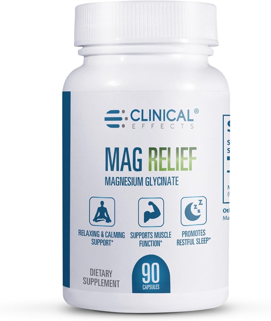 Klīniskā ietekme Mag Relief Magnija Papildinājums - 275mg Pure Magnija Glicināt Kapsulas - 90 Magnija Kapsulas - Kvalitāte Magnijs Krampja aizsardzībai, Kaulu, Muskuļu un Nervu atbalsts - ASV Ražots