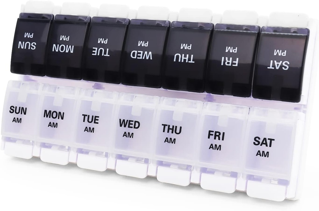 Lielas Pill kastes un organizētājs 2 reizes dienā, MOLN HYMY 7 Day AM PM Pill Case, 14 Iedalījumi Pill Dispenser turēt Big Vitamīnu piedevas Zivju eļļa (melns + balts)