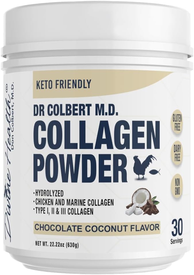 Dr. Colbert, MD Hidrolizēts kolagēna pulveris - Šokolāde Kokosriekstu Flavor - by Divine Health - tips I, II, III kolagēns - Atbalsts Veselīgi mati, āda, naglas un locītavas -- Keto zona 630g -- 30 Kalpo