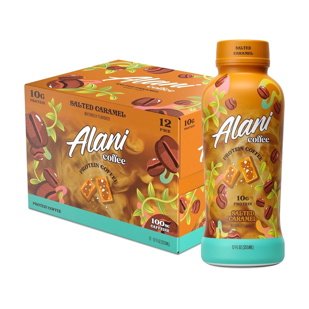Alani Nu Protein Coffee SALTED CARAMEL -- Gatavs dzert Auksts alus ar 10g olbaltumvielu -- 100mg kofeīns - 90 Kalorijas, dabiski aromatizēts - 12 Fl Oz pudeles -- 12 Iepakojums