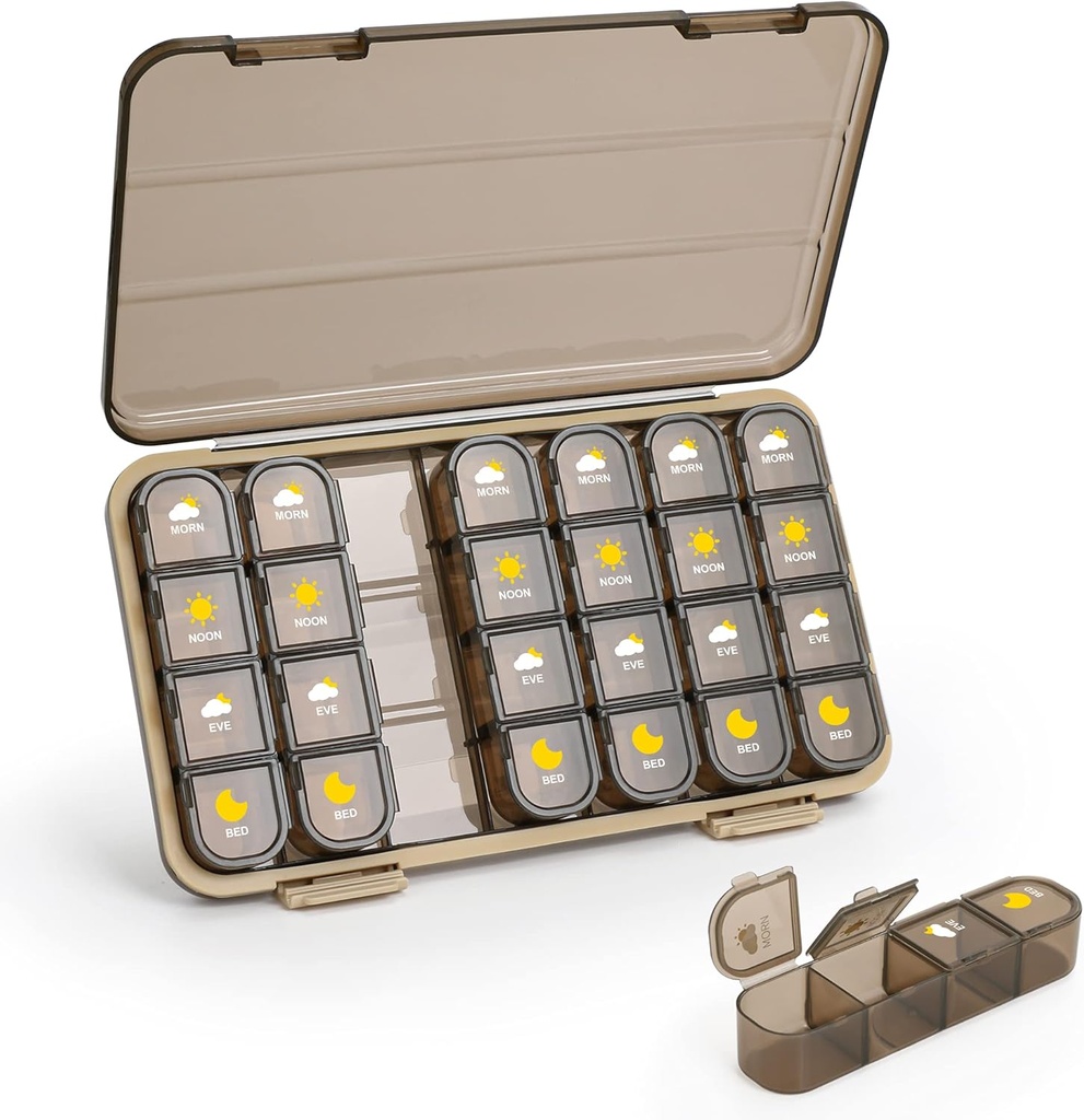 Pillu organizētājs 4 reizes Diena, 7 Day Pill Box 4 Reizes - Acedada Weekly Medicine Box organizētājs ar atsevišķu gadījumu, Portable Daily Pill Konteinera dispersis Vitamīnu zivju eļļas piedevas, Brown