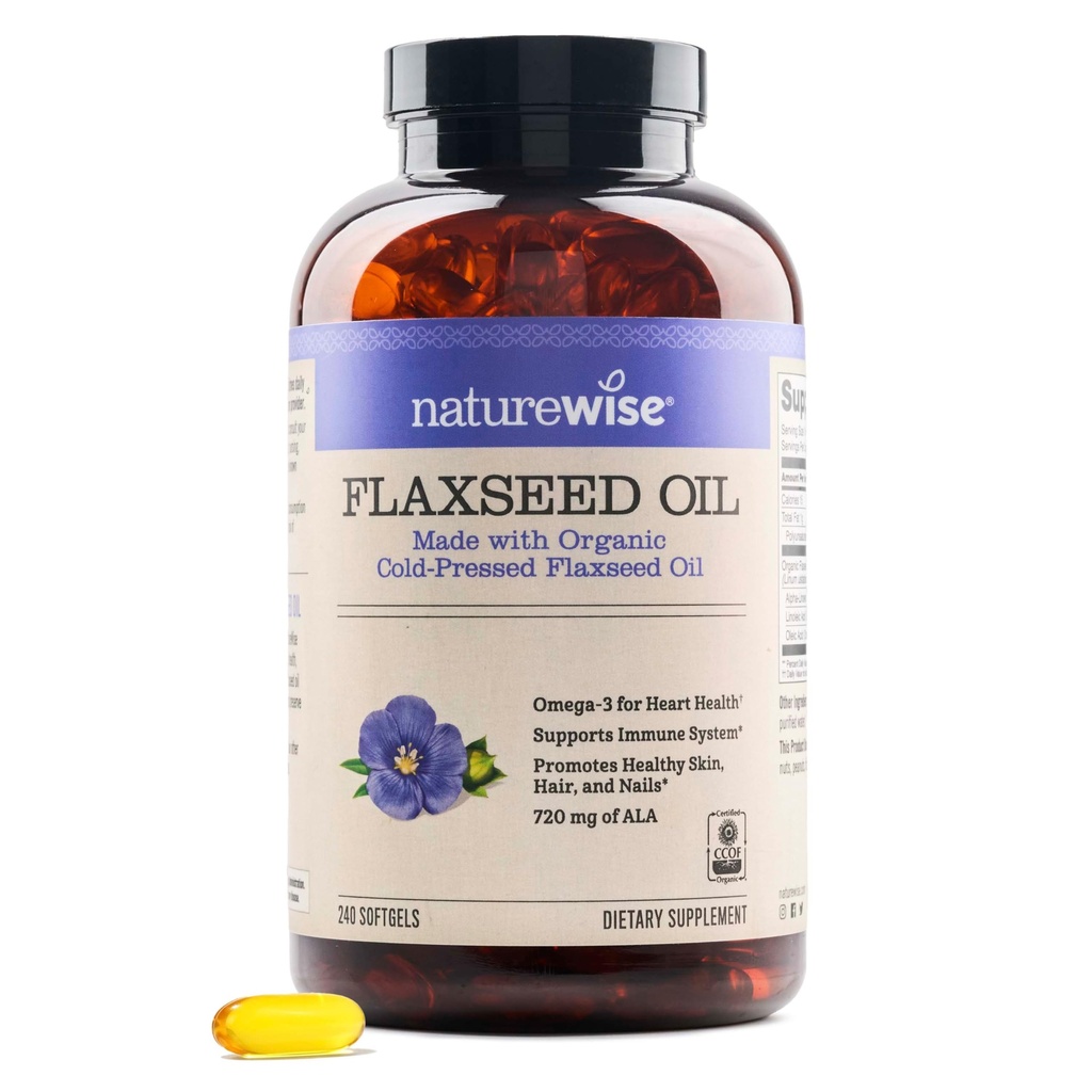 NatureWise Linsēklu eļļa 1,242 mg, bez zivīm Omega 3 6 9 ar 720 mg ALA, uztura papildinājums sirds veselības atbalstam - Organisks, auksti presēts, ne-GMO - 240 Softgels[8-Mēness Piedāvājums]
