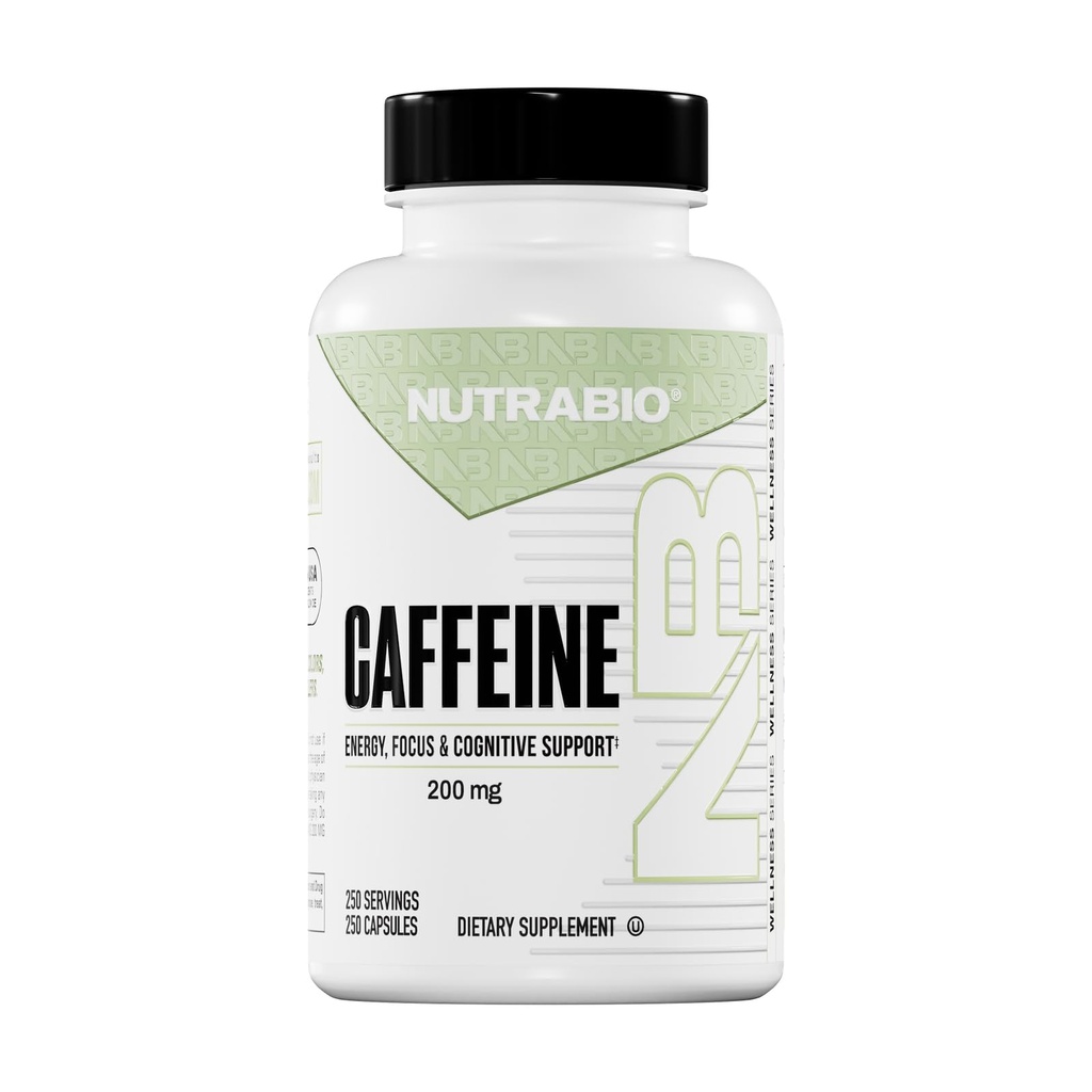 NutraBio 100% tīras kofeīna kapsulas (250 kapsulas)