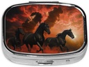 Melnie Zirgi Sarkanie Glowing Clouds Printed Square Pill Organizators ar 2 iecirkņiem, Portable Mini Pill Box Pill Case for Medicine, Vitamīns, Zivju eļļa, Papildinājumi