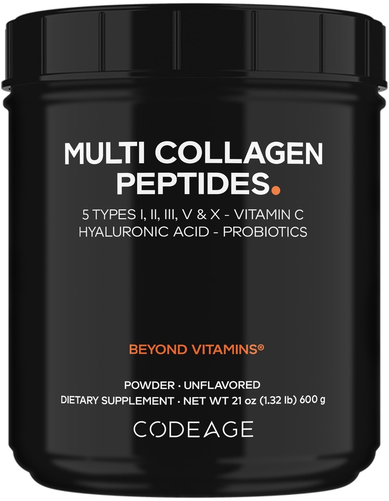Kode Multi Collagen Peptides + Probiotics Black Edition, vitamīns C, Hyaluronic Acid Pulvera papildinājums, Zāle-Fed, Ganības-Raised, Hidrolizēts, Zero Carbs, tips I, II, III, V & X, Unflavored, 21oz