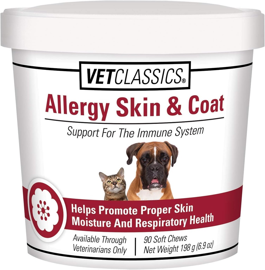 Vet Classics Alerģija āda un apmatojums Atbalsts Pet Papildinājums suņiem un kaķiem – Pet Veselības Papildinājums Kaķu ādas mitruma, Suņu alerģiju, Pet Respiratorā veselība – Ietver antioksidanti – Soft Chews 90 Ct.