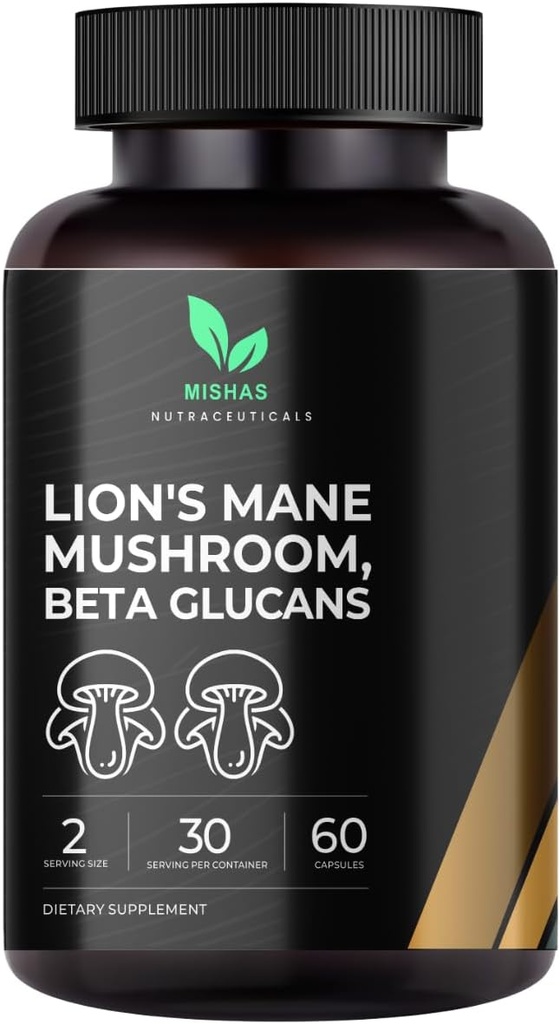 Mishas Lions Mane Papildinājums - Organic Lions Mane - Smadzeņu veselības atbalsts - Sēņu atbalsts Focus & Memory, Imūnsistēmas un nervu funkcijas sievietēm un vīriešiem - 60 Vegan kapsulas