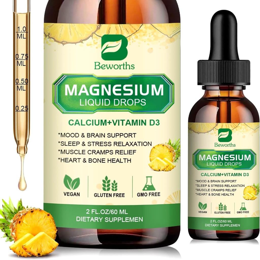 Magnija glicināts komplekss, magnija šķidrais piliens ar magnija citrātu, kalcijs, kālijs, vitamīns D3, cinks - magnija Taurāta papildinājums kaulu, enerģija, muskuļu atbalsts