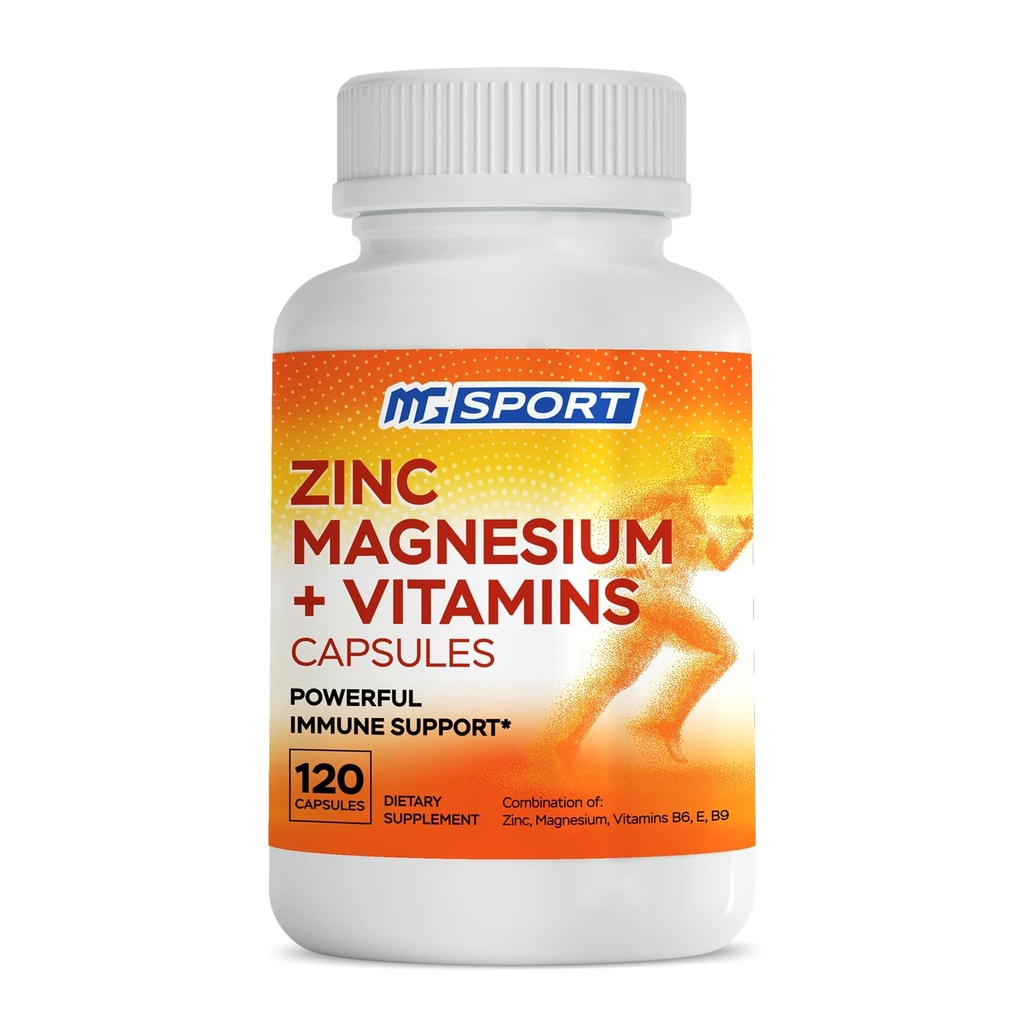 MgSport Magnija cinka Papildinājums ar vitamīniem B6, B9, Augsta Absorbcija Cinka Magnija Kombinācija imūnsupport, Muskuļu atgūšana, EZ-MG Viegli uz vēdera, 120 kapsulas