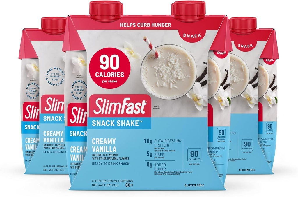 SlimFast Snack Shake, 90 Calorie Fiber Shake, gatavs dzeršanai, Olbaltumvielas, Creamy Vanilla, 12 Count