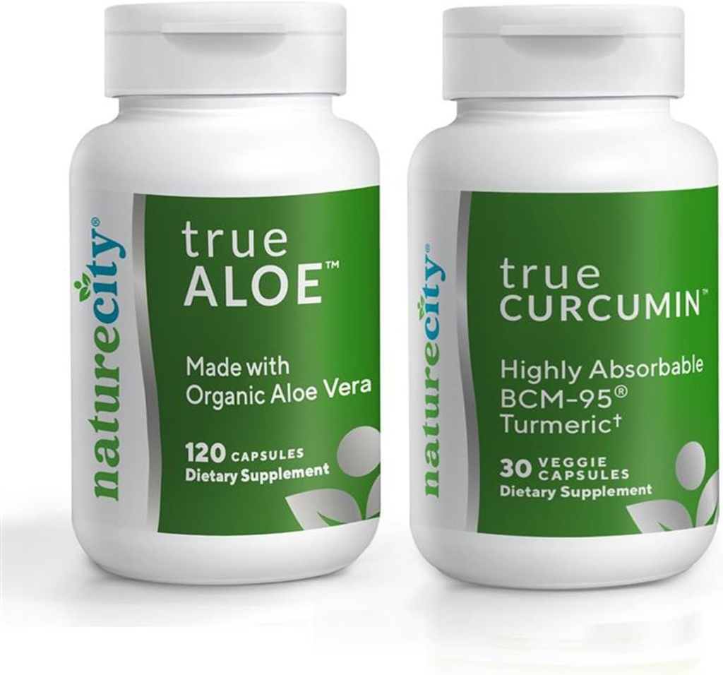 NatureCity locītavu atbalsta bundle ; True-Aloe Izgatavots ar organisko AloeVera, 120 kapsulas + True-Curcumin ar 500mg ļoti absorbējamu BCM-95 kurkumīnu + kurkuma ēterisko eļļu, 30 kapsulas