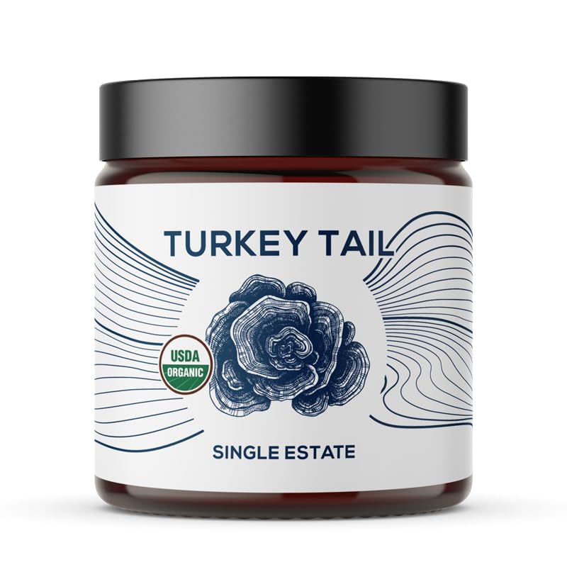 Organic Turkey Aste Mushroom Powder, Single Estate, Non-GMO - Gut, Enerģija, Smadzenes, & Imūnsupport - Vegan Sēņu Papildinājums Reselable Glass Jar