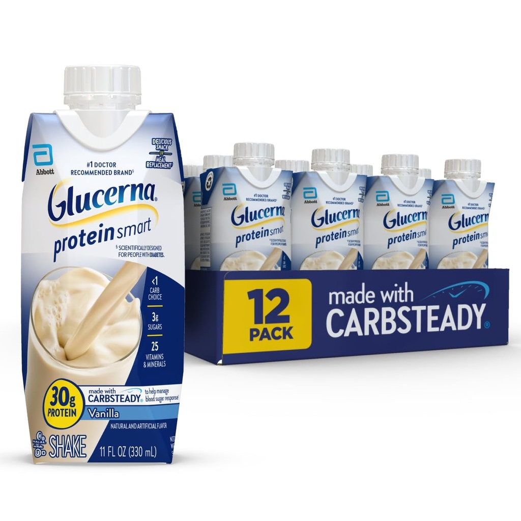 Glucerna Protein Smart Diabetes Care Shake, Vanilla, Diabētiskās Ēdienreizes Aizstāšana, lai atbalstītu asins cukura pārvaldību, 30g Olbaltumvielas, 150 Kalorijas, Gatavs dzeršanai, 11-fl-oz Pudele, 12 iepakojums