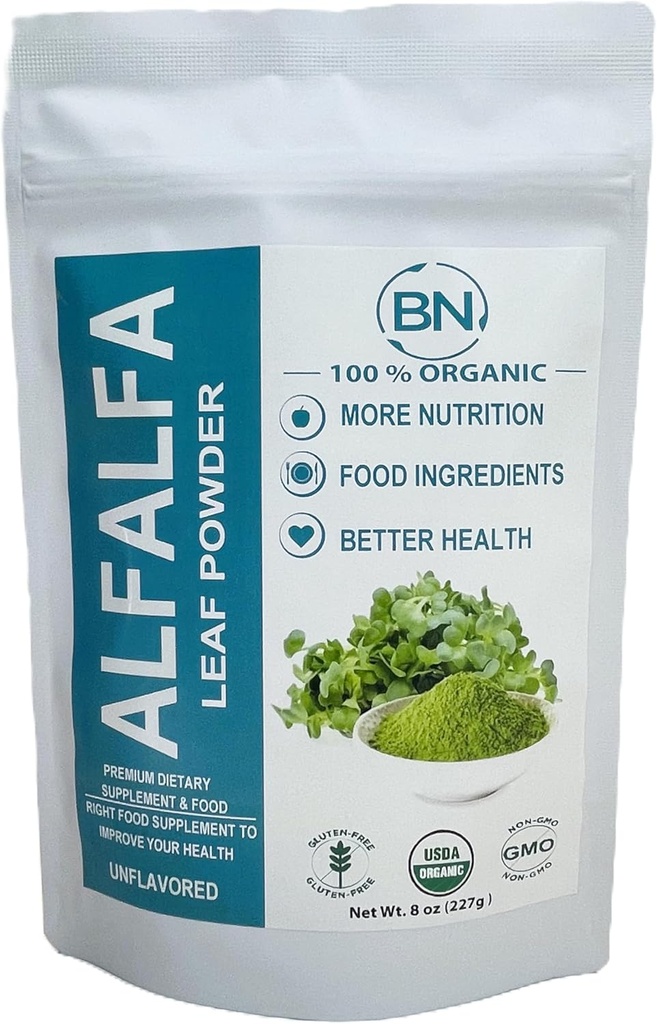 Alfalfa lapu pulveris - zaļš papildinājums dzērieniem, tējai, sakratiem, vegānam, bez glutēna, ne ĢMO, košeram