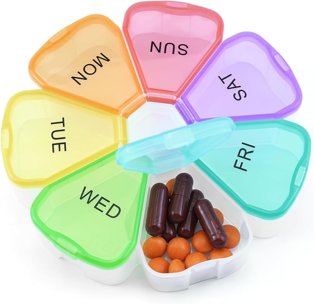 Quacc Cute Weekly Pill Organiser Travel 7 Day Portable Round Floral Pill Case Box Pill Container Medcine Holder for large Vitamīna zivju eļļa Pill Zāles Papildinājums Uzglabāšana - Varavīksne