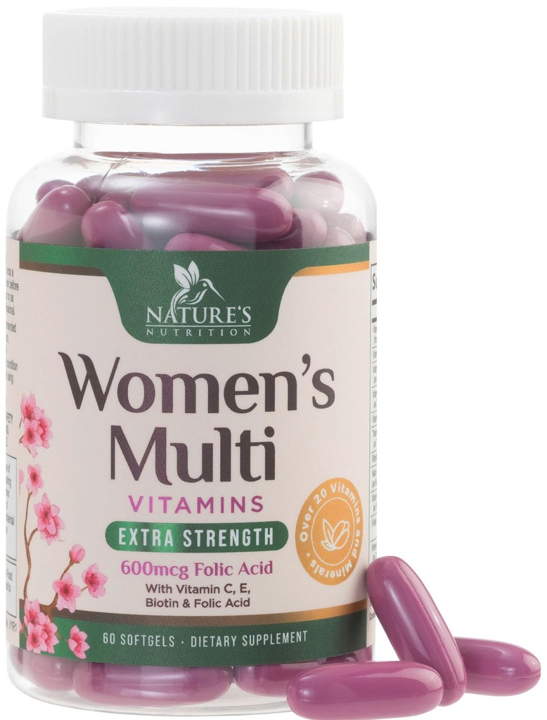 Multivitamīni sievietēm ar kalciju, folijskābi, A, C, D, E, & B vitamīnu, cinku, dzelzi kaulos, ādas un imūnās veselības atbalstu, dabas dienas sievietēm Multivitamīni enerģijai - 60 softgeli